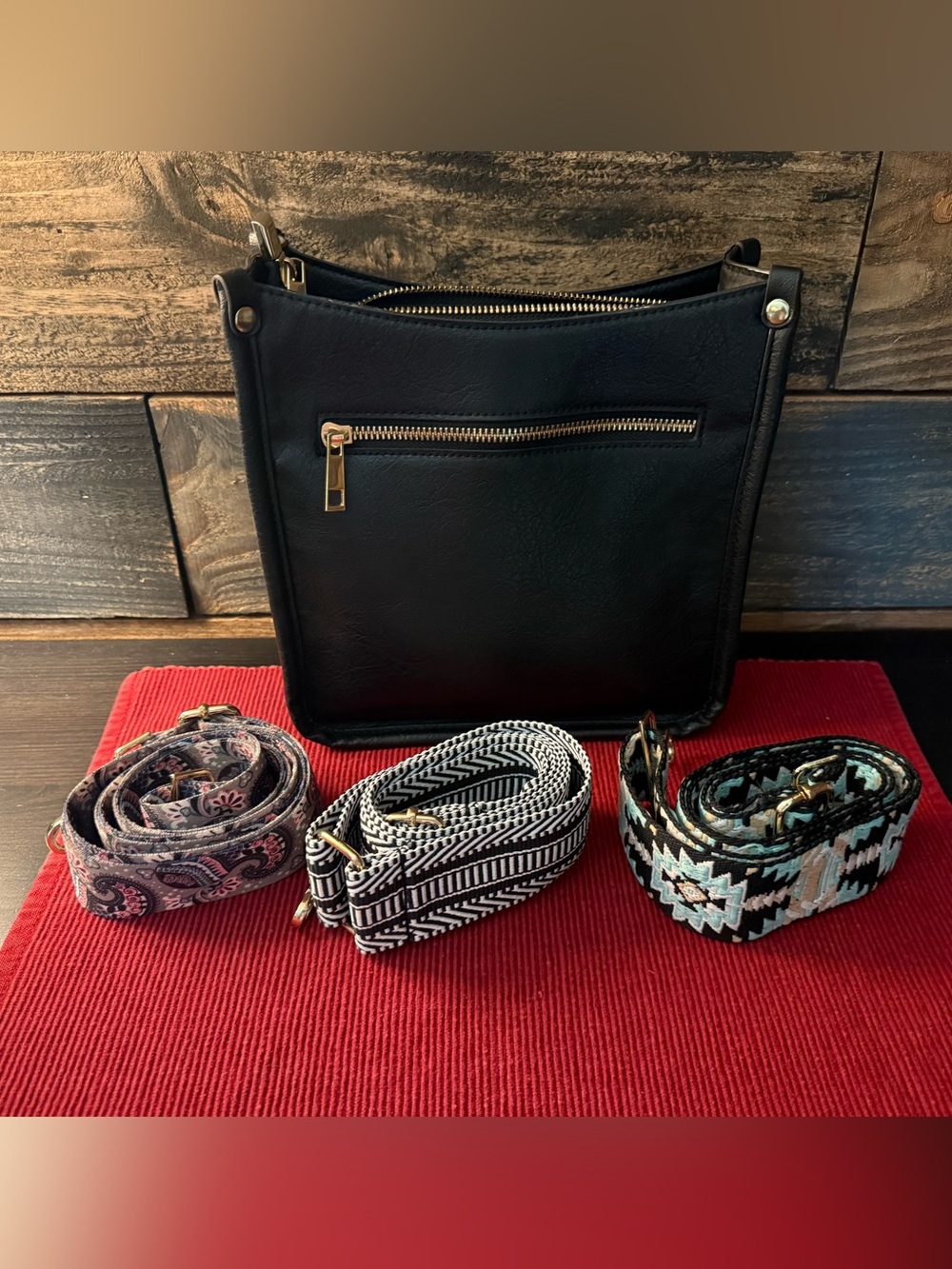 Adore Black Crossbody Bag with Striped Strap - Picture 2 of 7